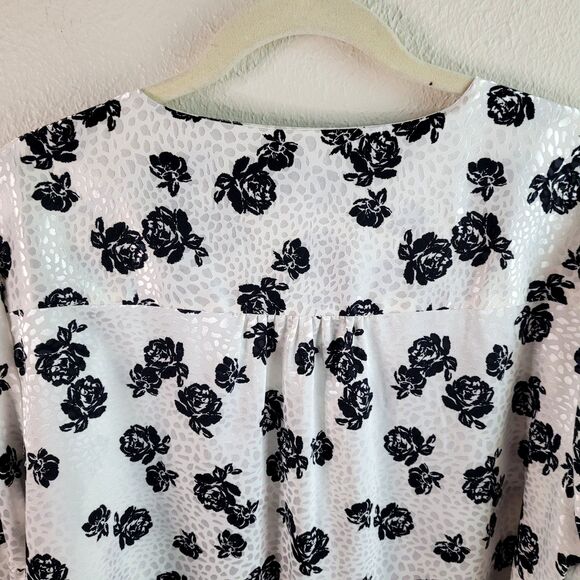 Lane Bryant Blouse Size 16 Button Up Black White Floral Balloon Sleeve Boho Top - Picture 8 of 16